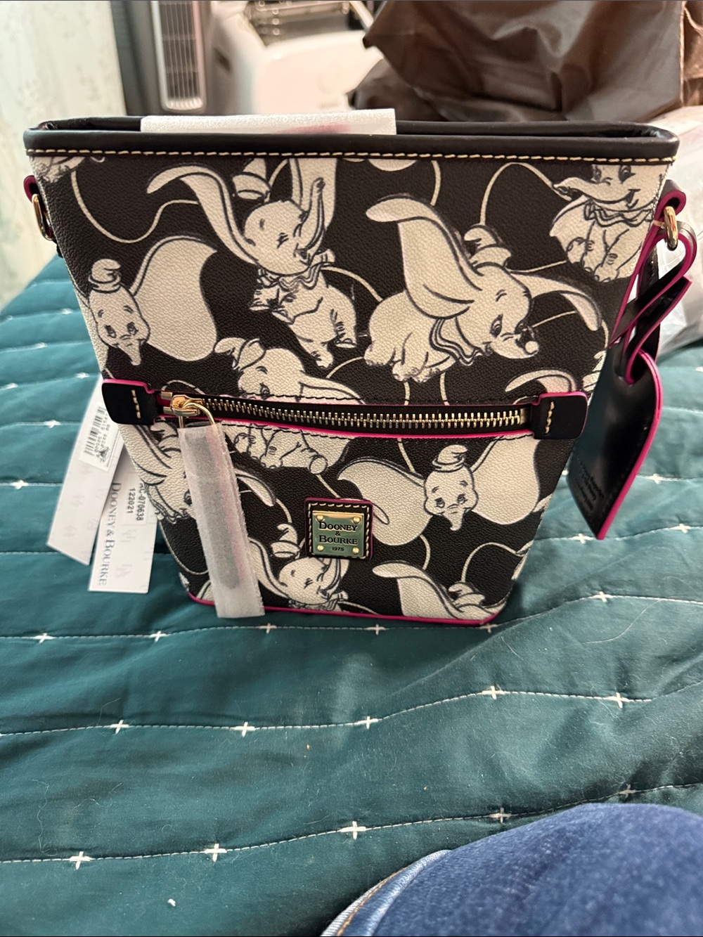 Dooney & Bourke Black and White Dumbo Print Crossbody with Pink Trim